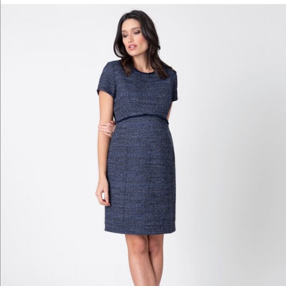 Seraphine Navy Blue Bouclé Maternity Shift Dress